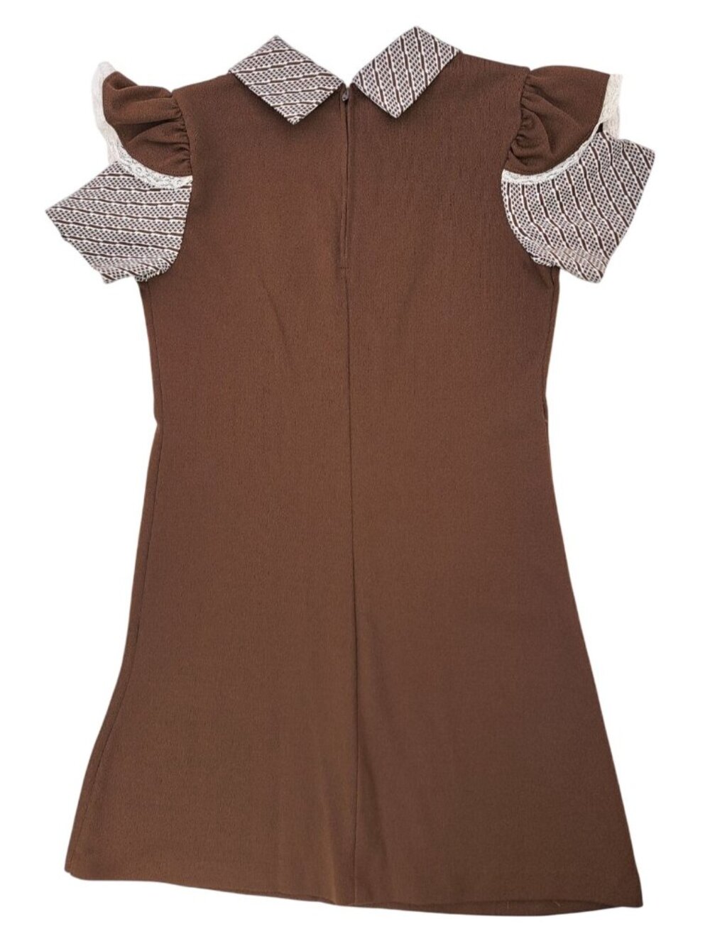 Vintage Girl Dress Polyester Brown Size 12 Lace Trimmed Sleeves Geometric Collar - Picture 7 of 10